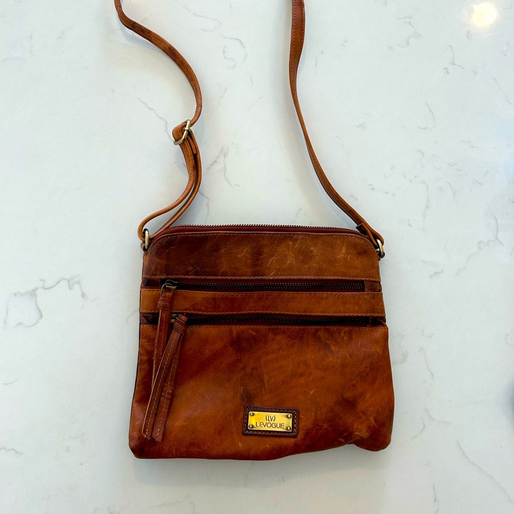 Levogue Genuine Leather Crossbody Bag Brown Multi-Zip Purse Adjustable Strap